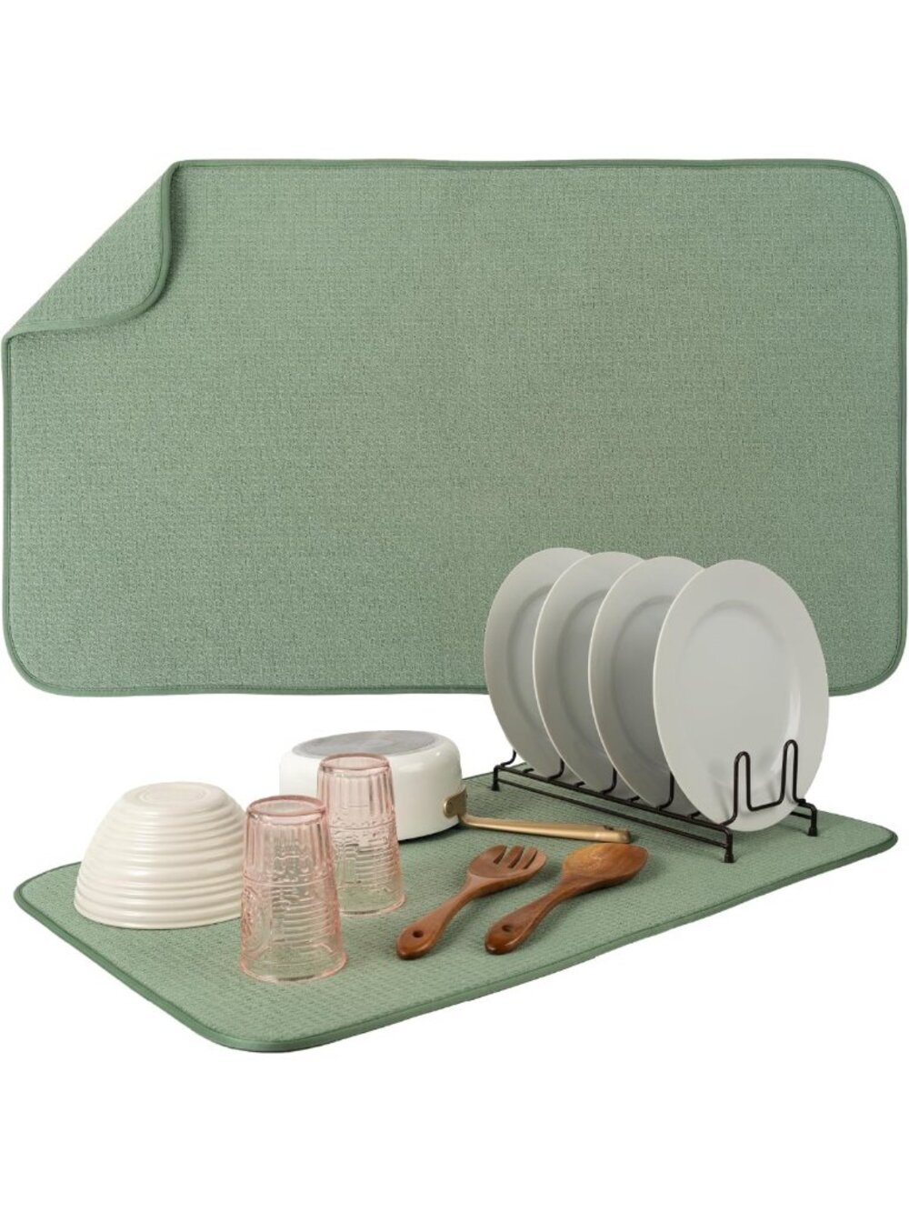 Jumbo Sage Green Dish Drying Mat, 18" x 30", Super Absorbent & Quick-Dry